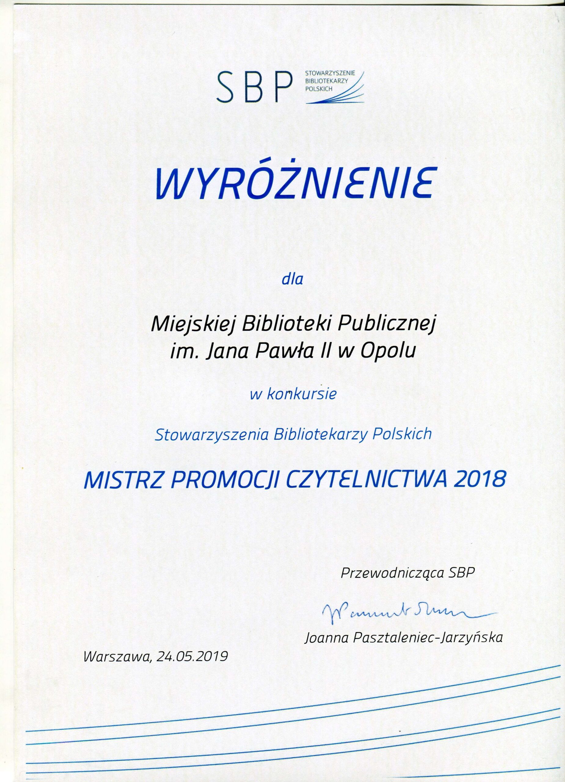 Read more about the article Wyróżnienie dla MBP za Promocję Czytelnictwa (2018)