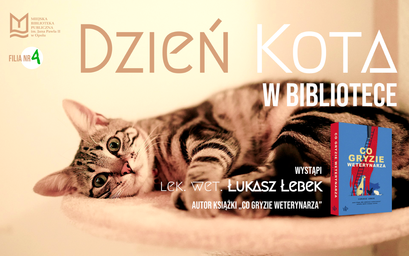 Read more about the article Dzień Kota w bibliotece: „Co gryzie weterynarza” – spotkanie z lek. wet. Łukaszem Łebkiem